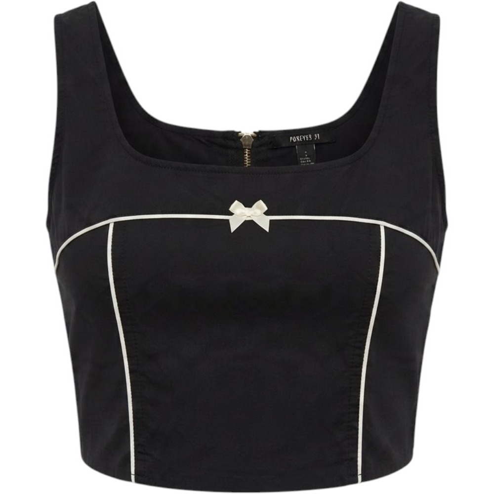 Forever 21 Black Cropped Tank Top White Piping Bow Back Zip Size L